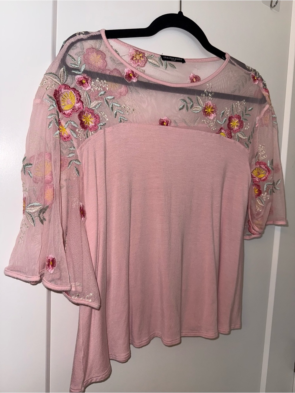 cha cha vente Pink Mesh Yoke Tunic with Floral Embroidery